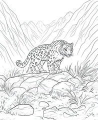 Beautiful Snow Leopard Coloring Page, Wild Animal Colouring Design for Your Corporate Books and Business Graphic Resource or Creative Project, Ai Generative