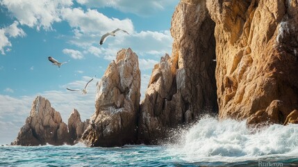 Naklejka premium Close-up of the natural rock formations at Land's End, Cabo San Lucas, with seagulls flying in the background and waves splashing against the rugged cliffs