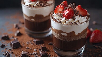 Close-up of two chocolate desserts in glasses, layered with whipped cream and strawberries, surrounded by chocolate shavings and cocoa powder for decoration.