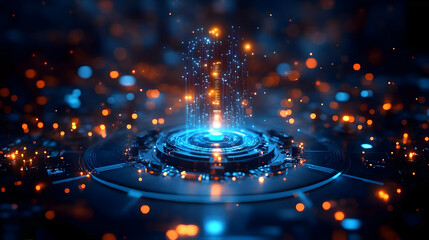 A futuristic digital interface with glowing particles and patterns.