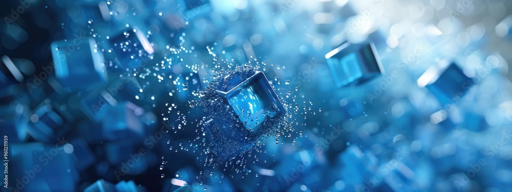 Wall mural abstract 3d featuring falling blue cubes with sparks sparkles horizontal view