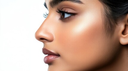 Naklejka premium Close-up profile of a beautiful Indian woman with smooth skin, focusing on nose and chin, against a white background, ideal for aesthetic surgery themes