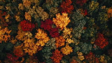 Aerial view of vibrant autumn foliage showcasing a mix of red, orange, and yellow leaves.