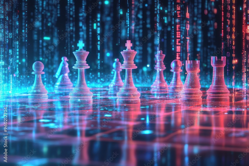 Wall mural Digital Chess Pieces Illuminated on a Neon Board with a Blurred Background of Code