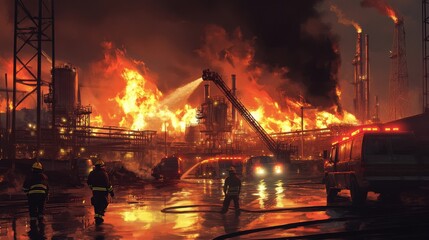 Dramatic scene of firefighters battling a massive industrial fire with blazing flames illuminating the night sky in an intense emergency response effort