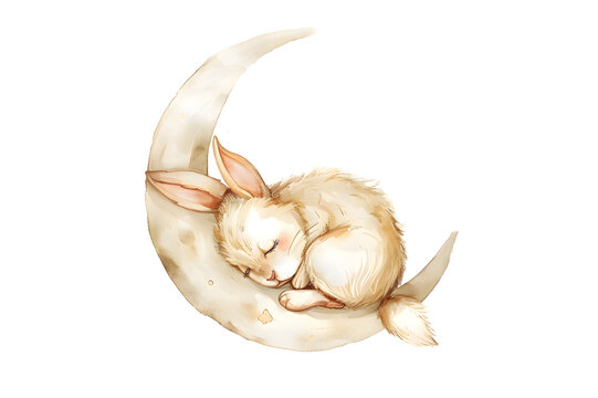 Cute rabbit bunny sleeping in cloud watercolor cartoon illustration isolated on transparent background