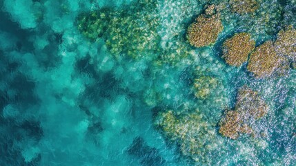 Fototapeta premium Aerial view of vibrant coral reefs in clear turquoise waters.