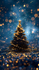Luxury christmas and happy new year concept background,paper cut style, glittering gold christmas tree with stars on dark blue bokeh background
