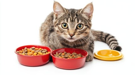 a cat with their food bowls, white background 