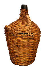 vintage wicker wrapped bottle on white, isolated