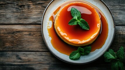 Creamy flan drizzled with caramel sauce, garnished with mint leaves, and served on a rustic wooden table. An enticing dessert shot for any food lover