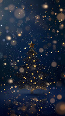 Obraz premium Luxury christmas and happy new year concept background,paper cut style, glittering gold christmas tree with stars on dark blue bokeh background
