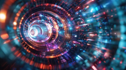 A vibrant, futuristic tunnel of lights and colors, creating a mesmerizing sense of motion and depth in a digital landscape.