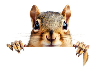 Cute squirrel holding blank white banner in its paws isolated on transparent background © Oksana_Latysheva