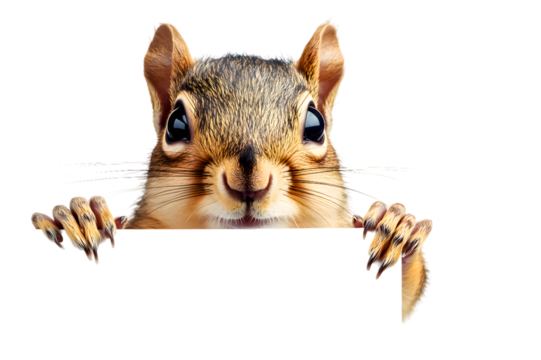 Cute squirrel holding blank white banner in its paws isolated on transparent background