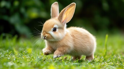 Fototapeta premium Cute baby rabbit with soft fur, running playfully and nibbling on grass in the yard. Perfect pet for families, showcasing a moment of innocence and fun.