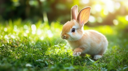 Obraz premium Cute baby bunny with soft fur running and nibbling on grass in a sunny yard, highlighting its playful and endearing nature, perfect for pet lovers