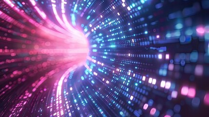 Vibrant light trails emit from a central point, creating a dynamic and futuristic atmosphere with colorful patterns.