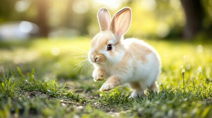 Obraz premium Cute baby rabbit with soft fur, running playfully and nibbling on grass in the yard. Perfect pet for families, showcasing a moment of innocence and fun.