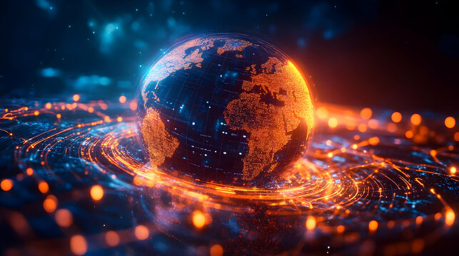A glowing digital globe surrounded by swirling data streams.