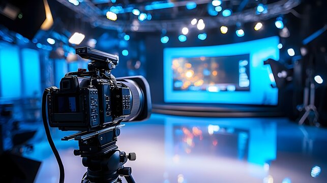 Professional TV Studio with Digital Screen and Equipment for Broadcasting