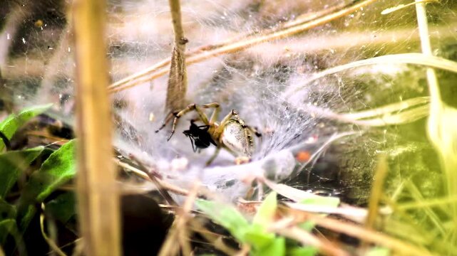 A spider attacks and paralyses a black ant. A wolf spider (Lycosidae) in its web.