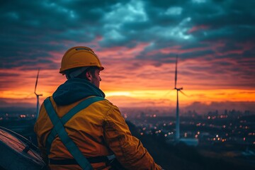 Fototapeta premium Engineer Overlooking Wind Farm at Sunset