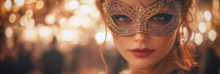 	A woman in a glittering, ornate mask at a masquerade ball. The soft, glowing lights in the background add a sense of mystery and elegance to the scene.