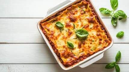 Delicious homemade zucchini lasagna with sauce bolognese in a baking dish, sitting on a white wooden background, ready to serve, top view, selective focus