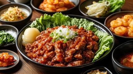 Fototapeta premium Delicious Korean braised pork with a rich, savory glaze, served with salted shrimp, fresh lettuce, and a bowl of icy slush, surrounded by an array of side dishes