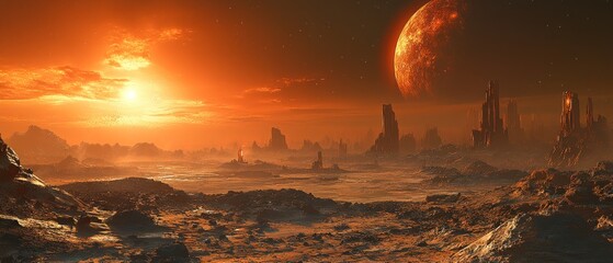 Alien Landscape with a Red Sun, a Planet, and a City in the Distance