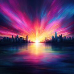 Fototapeta premium Abstract cityscape with vibrant sunset over water 