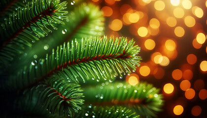 A pine tree branch with droplets of water showcasing vibrant green needles. The background features soft blurred bokeh lights in warm tones a festive atmosphere
