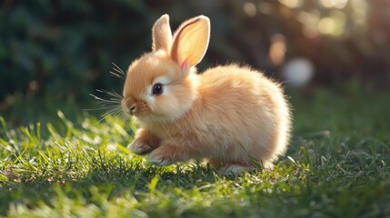 Fototapeta premium Fluffy baby bunny darting across the yard, munching on grass, an adorable snapshot of a small animal enjoying its outdoor environment