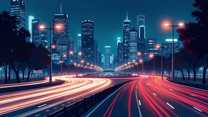 Obraz premium Modern Urban Intersection with Bold Light Trails and Signs
