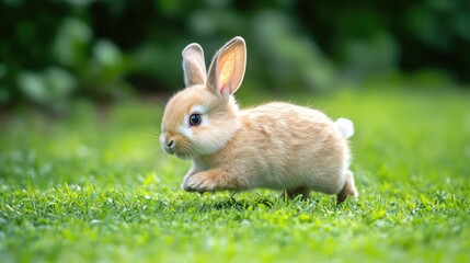 Fototapeta premium Fluffy baby bunny running through a lush green yard, stopping to munch on grass. Adorable pet rabbit showing lively behavior in a serene outdoor setting.