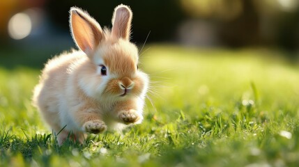 Fluffy baby rabbit running through a grassy yard, chewing on fresh blades of grass, embodying the charm and appeal of small pets