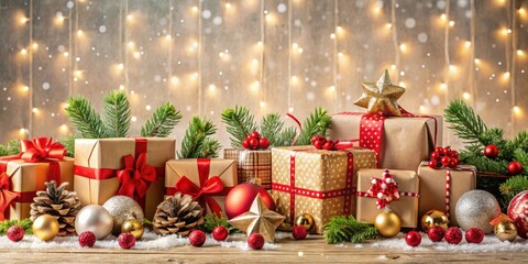 Christmas background with an assortment of gift boxes, toys, and festive decorations