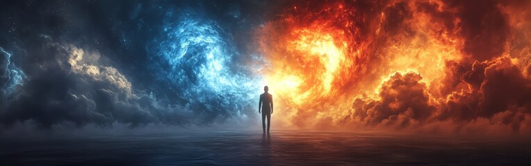 Man Standing Between Fiery Past and Serene Future
