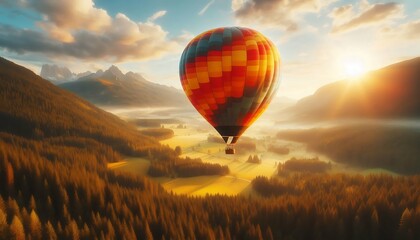 Obraz premium Hot air balloon soaring over a picturesque valley with mountains and forests at sunrise 