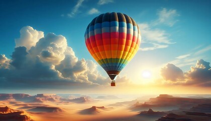 Naklejka premium Hot air balloon floating over a vast desert landscape at sunrise with dramatic clouds 