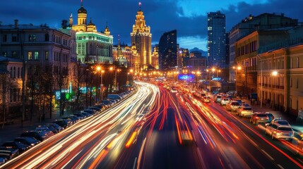 Obraz premium A busy Moscow street at night with illuminated buildings and traffic light trails.