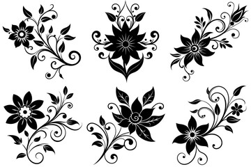 A set of black floral calligraphic element silhouettes