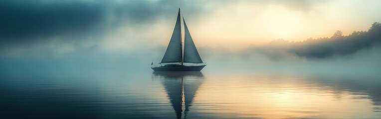 Serene Sailboat Reflected on a Misty Morning Lake