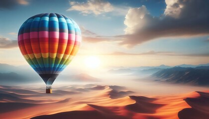 Fototapeta premium Hot air balloon gliding over golden sand dunes in a vast desert at sunrise 