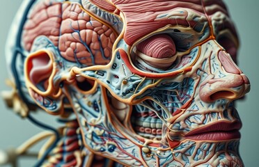 Fototapeta premium Close-up view of a detailed model of a human head showcasing facial features.