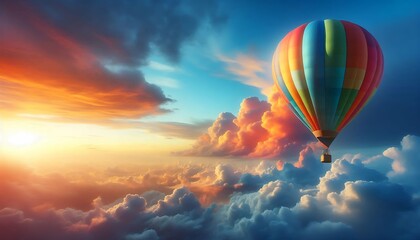 Fototapeta premium Hot air balloon flying above vibrant clouds at sunset with a dramatic sky 