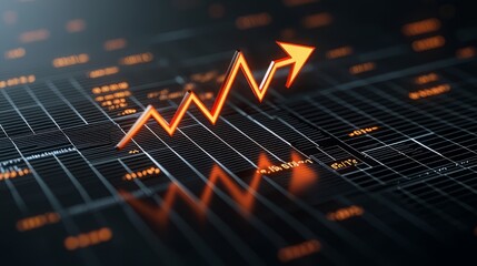 Fototapeta premium Dynamic stock market graphic showcasing an upward trend with a vibrant orange arrow against a digital backdrop.