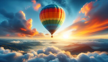 Obraz premium Hot air balloon soaring above clouds and mountain peaks at sunset with vibrant skies 