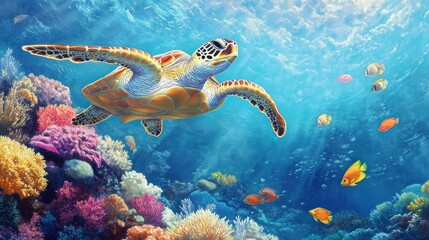 Sea turtle swimming gracefully above a coral reef, with neon-colored fish darting through coral crevices and larger fish gliding in the blue water beyond